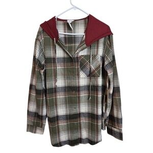 Tunic Hooded Plaid Flannel Shirt Medium Green Brown Burgundy Western